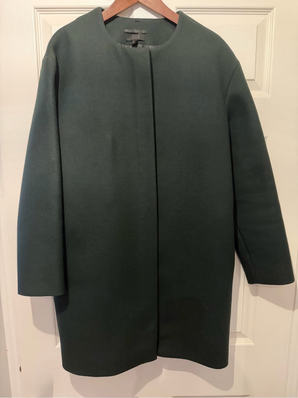 COS Dark Green Collarless Zip-Front Pea Coat